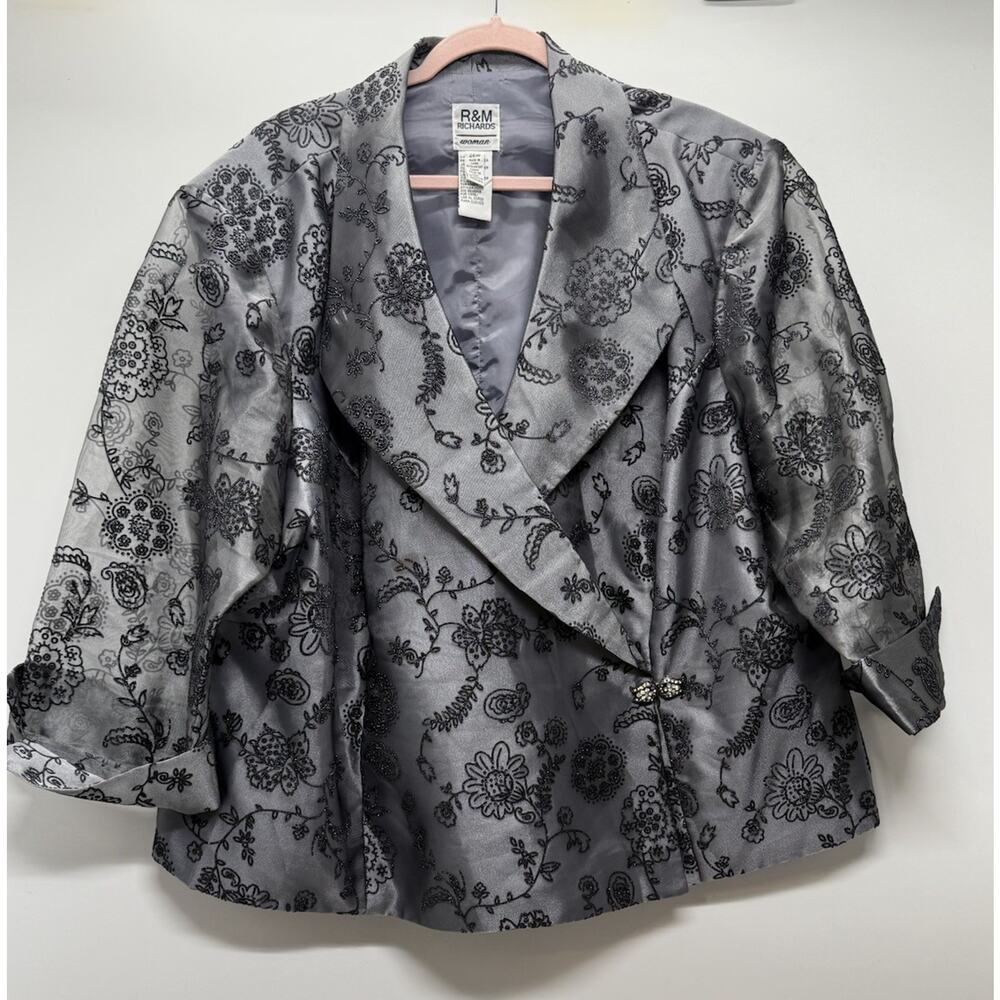 R&M Richards Womens 26W Gray Floral Embroidered Jacket Formal Blazer